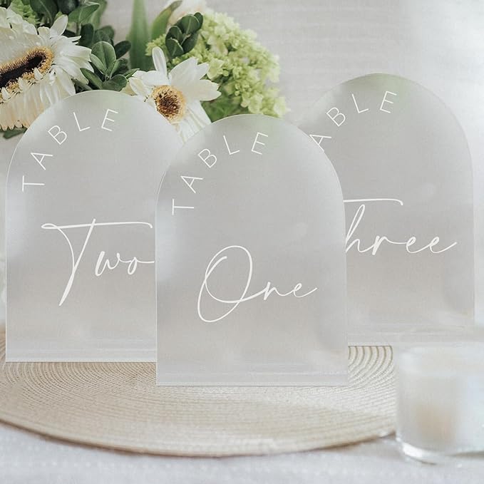 JINMURY Frosted Arch Wedding Table Numbers 1-20 with Stands, 5x7 Inch Frosted Arch Acrylic Sign with White Letters, Arched Acrylic Table Numbers for Wedding Reception