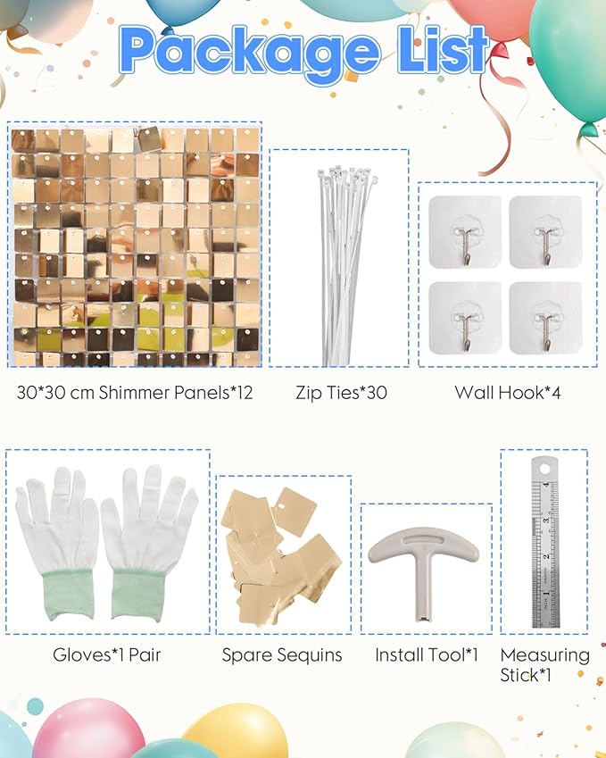 Light Gold Shimmer Wall Backdrop 12 Panels Cover 4 x 3 Ft, Photo Backdrops for Wedding,Anniversary,Birthday,Party Decoration