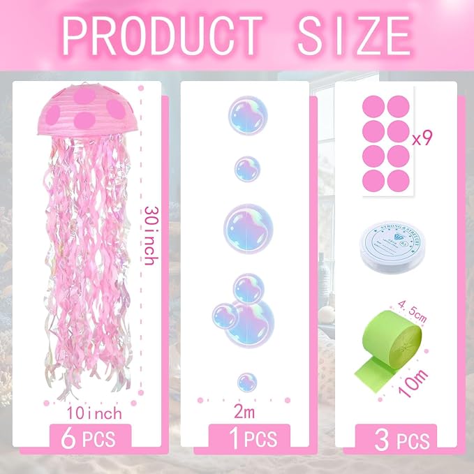18 Pcs Under The Sea Party Decorations-6 Pcs 10'' Hanging Jellyfish Paper Lanterns -Crepe Paper Bubble Garlands for Mermaid Birthday Decorations Shower Ocean Theme Classroom & Beach Room Decor Pink