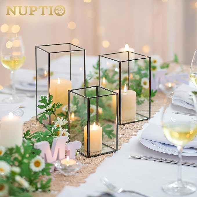 Nuptio Glass Hurricane Candle Holder for Pillar Candles 3 Pcs Black Metal Candle Holders Large Rectangular Candleholder Vase Centerpieces Decoration for Halloween Christmas Party 9.5 & 8.1 & 6.5 inch