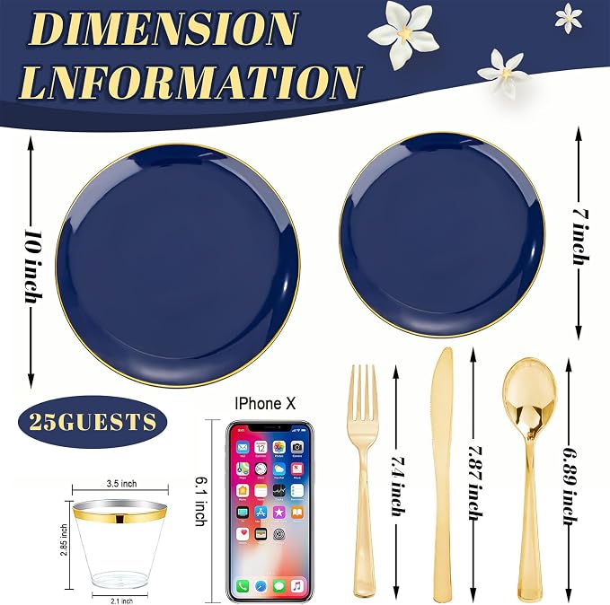 WDF 150pcs Blue plastic Plates - Navy Blue Plates Disposable 25guest Disposable Dinnerware Sets for Party/Wedding/Birthday