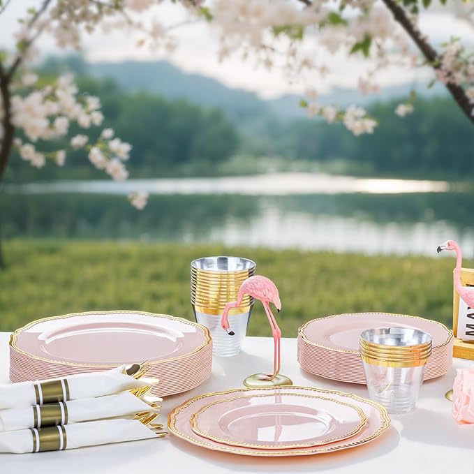 Hioasis 350pcs Pink and gold Plastic Plates - Pink Plastic Dinnerware Set Includes 50 Dinner Plates, 50 Dessert Dinnerware, 50 Cups, 50 Rolled Napkin Cutlery Perfect for Wedding & Mother’s Day