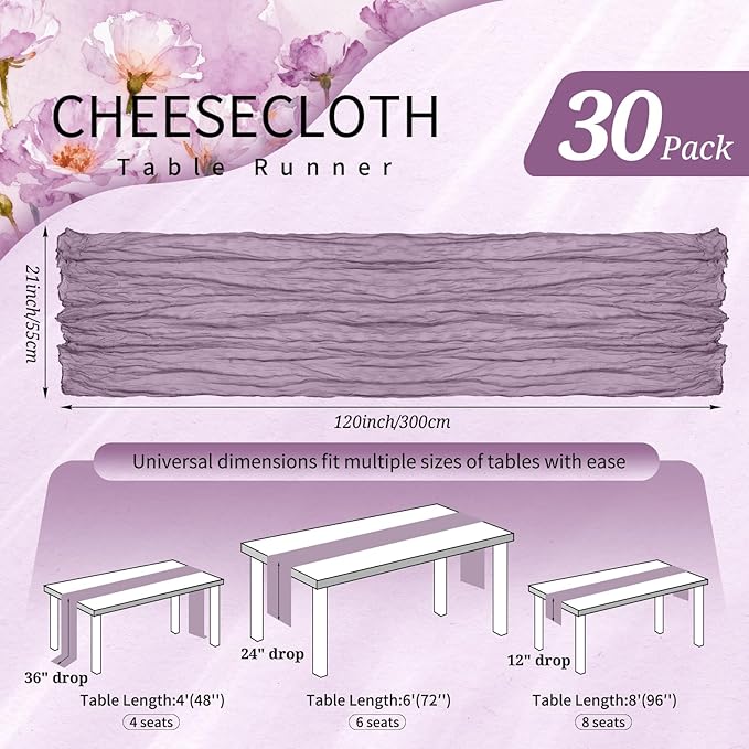 30 Pack Cheesecloth Table Runner 10FT Purple Table Runner Boho Gauze Cheese Cloth Table Runners Long Rustic Sheer Table Decorations for Wedding Party Baby Bridal Shower Birthday Holiday Home
