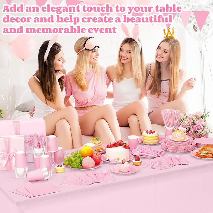 Funnymoom 452 Pcs Pink Party Supplies for 50 Guests, Light Pink Scalloped Paper Plates Napkins Cups Plastic Tablecloth Cutlery Straws for Baby Bridal Shower, Birthday Wedding Party Decoration