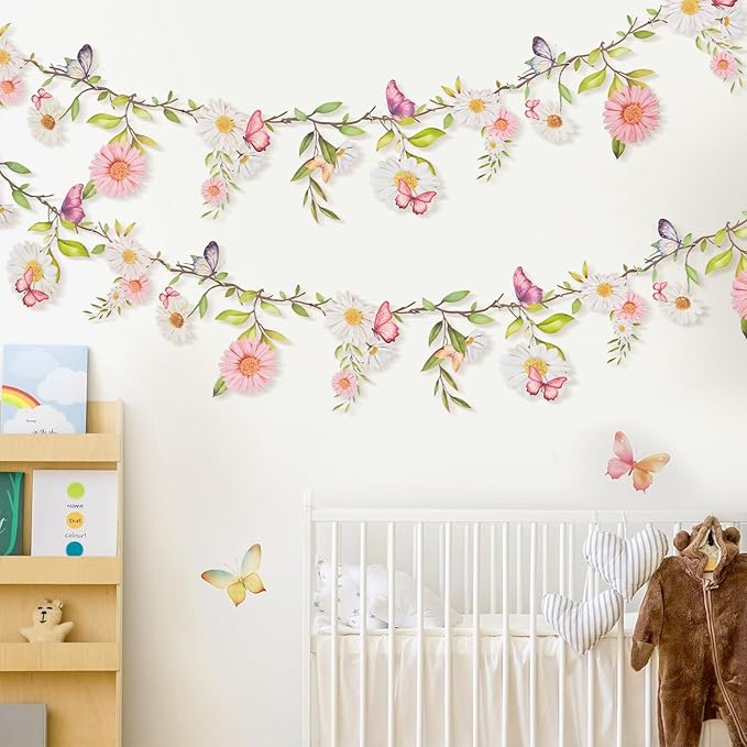 SUNBEAUTY 2Pcs Butterfly Daisy Garland Banner Reusable Waterproof Wildflower Garland 13ft for Enchanted Garden Woodland Birthday Baby Shower Bloom Tea Party Wedding Mother's Day Backdrop Decorations