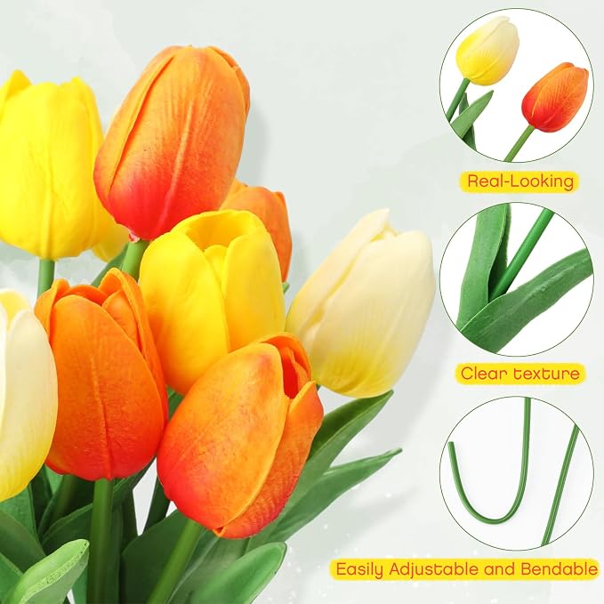 24 Pack Gradient Yellow 5 ft Artificial Tulips Hanging Flower Garland Decorations Spring Summer Dangling Faux Tulip Floral Vine Strings with Hooks for Wall Ceiling Wedding Tea Party