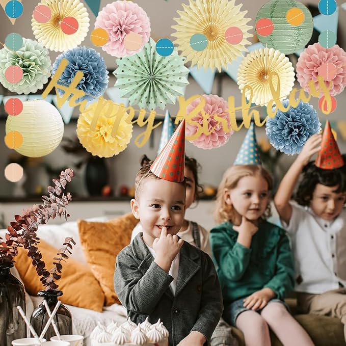 Pastel Birthday Decorations Retro Boho Rainbow Party Decor with Happy Birthday Banner Sage Green Dusty Pink Blue Yellow Cream Paper Pom Poms Paper Lanterns for Women Girls Boys