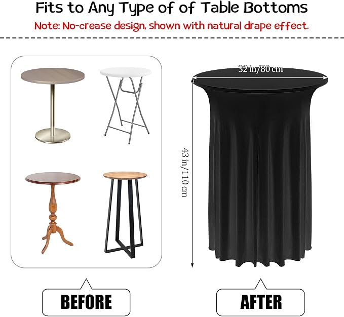 Kochorie 4 Pieces Cocktail Table Skirt Round Cocktail Table Covers 32 x 43 Inch Spandex Stretch High Top Table Cloth for Wedding Table Bar Banquet Party Supplies (Black)