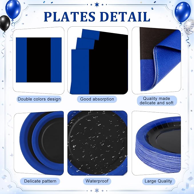 400 Pcs Black and Blue Birthday Party Decoration for 50, Blue Black Paper Plates Napkins Cups Tablecloth Cutlery Disposable Tableware Set for Police Bachelor Birthday Party Supplies