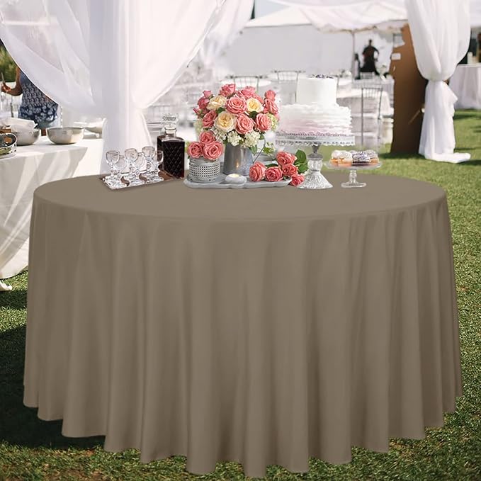 sancua Round Tablecloth - 108 Inch - Water Resistant Spill Proof Washable Polyester Table Cloth Decorative Fabric Table Cover for Dining Tables, Buffet Parties and Camping, Taupe