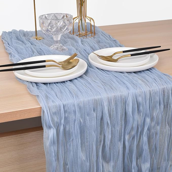 Joanlody Blue Cheesecloth Table Runner Spring Summer 10Ft Rustic Gauze Boho Cheese Cloth Table Runner for Wedding Bridal Baby Shower Decoration