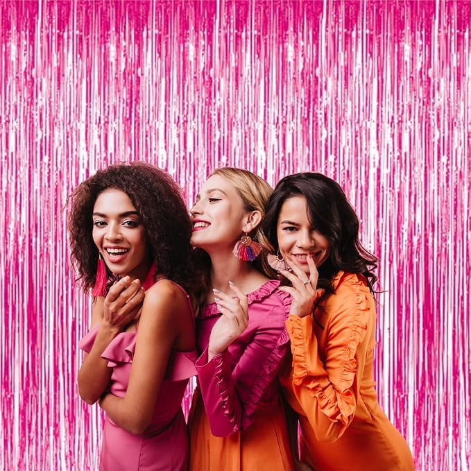 GOER 3.2 ft x 9.85 ft Metallic Tinsel Foil Fringe Curtains Party Photo Backdrop Party Streamers for Galentines Day, Birthday, Graduation, New Year Eve Decorations Wedding Decor (1 Pack, Hot Pink)
