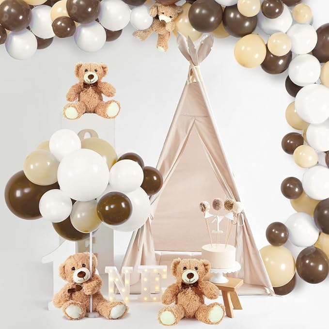 Meooeck 185 Pcs Bear Baby Shower Party Decorations Table Centerpieces 5 Pcs 13. 5'' Gender Reveal Bears 180 Balloons Kit Baby Shower Table Decor for Birthday Wedding(Brown, Nude, White)