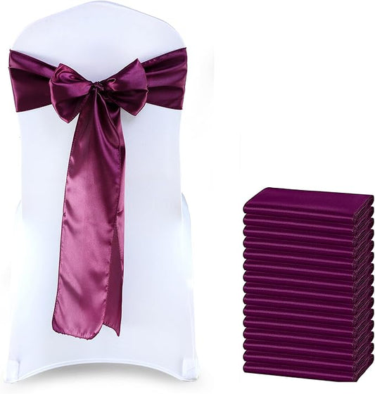 MDS Satin Chair Sashes, 25 Pack, 7”x108” Each, Decorative Chair Bows Ribbon Tie Backs for Wedding Party, Holiday Dinner, Birthday, Reception, Banquet, Hotel & Event Decoration - Eggplant