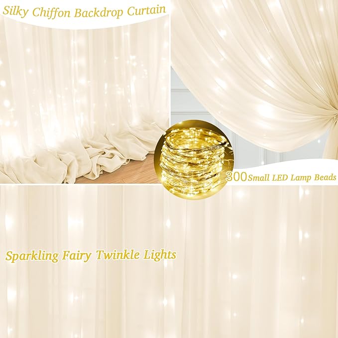 20ft x 10ft Ivory Chiffon Backdrop Curtain with Lights String for Parties,4 Panels Sheer Tulle Curtain Wedding Backdrop for Baby Shower Birthday Party Ceremony Reception Home Decorations