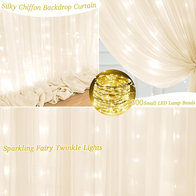 10ft x 10ft Ivory Chiffon Backdrop Curtain with Lights String for Parties,2 Panels Sheer Tulle Curtain Wedding Photo Backdrop with Lights for Baby Shower Birthday Party Ceremony Home Decorations