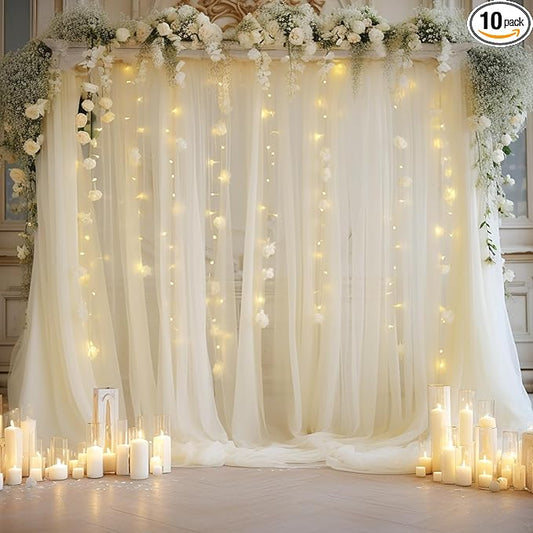 10x8ft Ivory Tulle Backdrop Curtain with Lights String for Parites, Sheer Photo Backdrop Curtains with Lights for Wedding Backdrop Ceremony Reception Bridal Shower Baby Shower Birthday Party