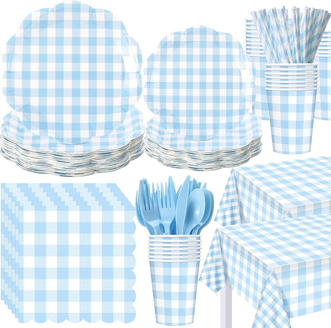 Funnymoom 452 Pcs Blue Gingham Party Supplies for 50 Guests Include White and Blue Checkered Paper Plates Napkins Cups Tablecloth Cutlery Straws for Birthday Baby Shower Wedding Party Decorations