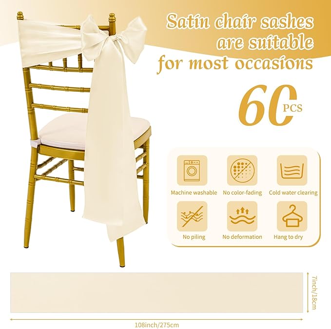60 PCS Ivory Satin Chair Sashes, Ties Bows Designed Sashes for Washable Reusable Chair Covers Supplies for Wedding Reception Events Banquets Party Hotel Event Aisle Decorations (7 x 108 inch)