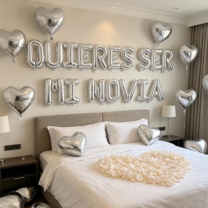 QUIERES SER MI NOVIA 2 Set Balloons - 34pcs 16" Letter, 10pcs 18" Heart, Alphabet Foil Mylar for Valentines Day Decorations with 1200pcs Cream White Artificial Rose Petals