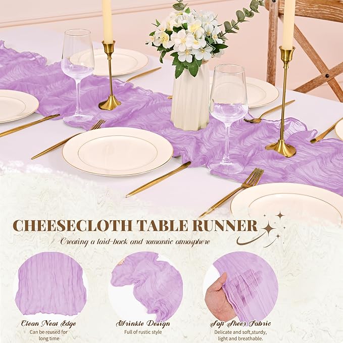 12 Pack Cheesecloth Table Runner,Light Purple Table Runner Long Romantic Semi Sheer Rustic Boho Gauze Table Runners for Wedding Bridal Shower Birthday Party Decorations(17.7×108 Inch)