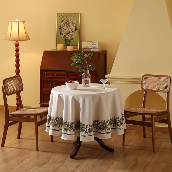 ISAENNE Designer Vintage Linen Round Tablecloth,Diameter 55"-Carol G | French Elegant Beautiful Table Cloth for Round Table,Light Beige,Decoration,Dining Room,Kitchen,Thanksgiving,Christmas