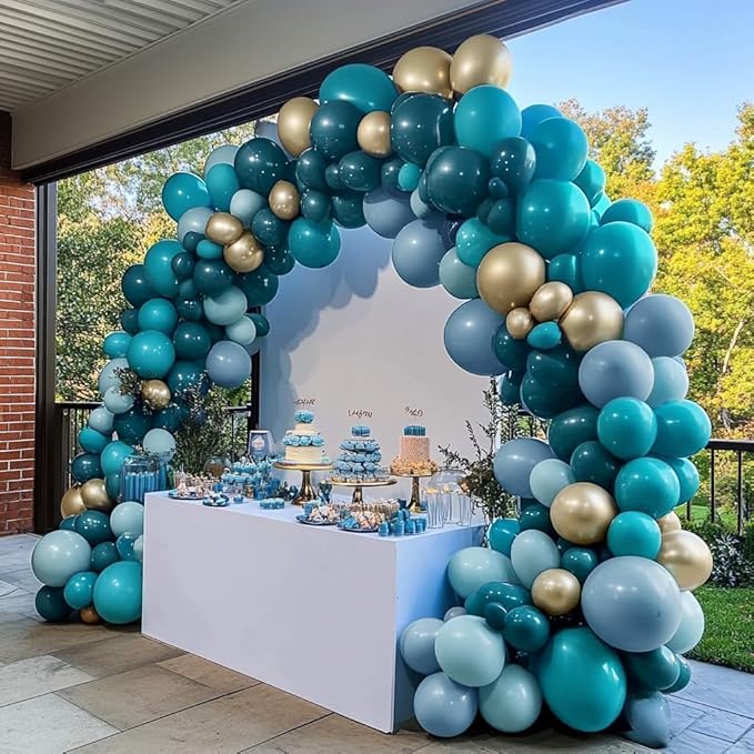 Teal Blue Gold Balloons Double Stuffed Latex Dusty Blue Turquoise Balloon Different Sizes Teal Gold Balloon Garland for Birthday Wedding New Year Anniversary Baby Shower Ocean Party Decor
