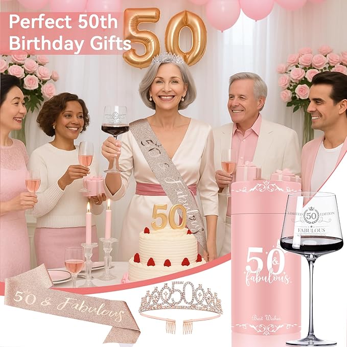 50th Birthday Gifts for Women Her,50th Birthday Sash,Crown,Rhinestone Tiara,Vintage Engraved Wine Glass,50 Year Old Birthday Decorations For Her,Women,Mom,Wife,Friends,Sister-Turning 50 Present
