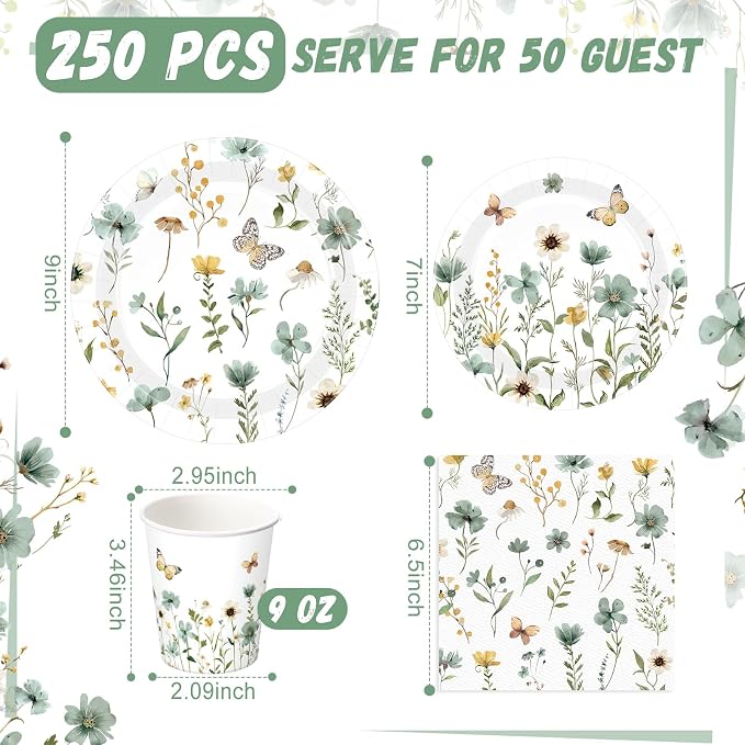 Ziliny 250 Pcs Wildflower Party Decorations Include Spring Summer Floral Paper Plates Napkins and Cups for Wildflower Baby Shower Tea Decorations, Serve 50 Guest (Green, Spring Style)