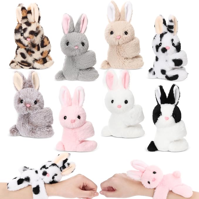 Liliful 8 Pack Kids Plush Gifts Stuffed Animal Cat Slap Bracelets - 8 Inch Back to School Prize Box Toys Wrist Cute Snap Birthday Rewards for Boys Girls Child Pet Adoption Party Favors(Rabbit)