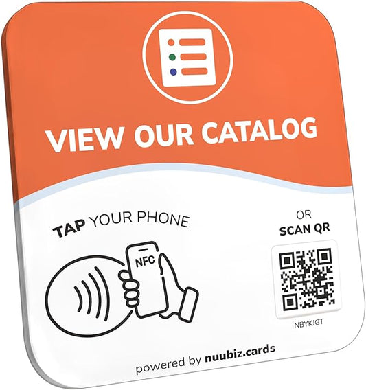 NFC Business QR Code Sign Plate for Viewing Your Catalog – Drive Offline Engagement Online – Works Like Review Tap Card & Social Media Sign – No App or Fees – Includes Stand or Adhesive