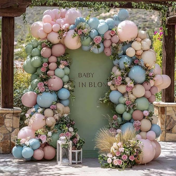 Pink Blue Green Balloon Arch Double Stuffed Dusty Green Pastel Blue Blush Mauve Latex Balloon Garland Kit for Boho Baby Shower Gender Reveal Floral Birthday Tea Party Decoration