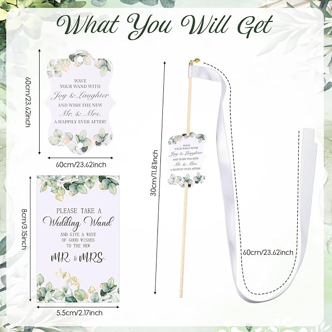 Baderke 103 Pcs Ribbon Wedding Wands with Tags and Holder Includes 1 Galvanized Metal Bucket 50 Silk Wand 50 Wedding Favor Tags 1 Wand Card 1 Photo Frame for Wedding Anniversary Bridal Decors