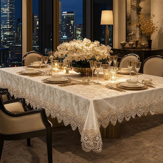 ARTABLE Lace Table Cloth Rectangle Modern Decor Macrame Tablecloth Contemporary Damask Table Linen for Outdoor Farmhouse Rustic Kitchen Party Birthday Picnic (Light Brown, 60 x 140 Inch)