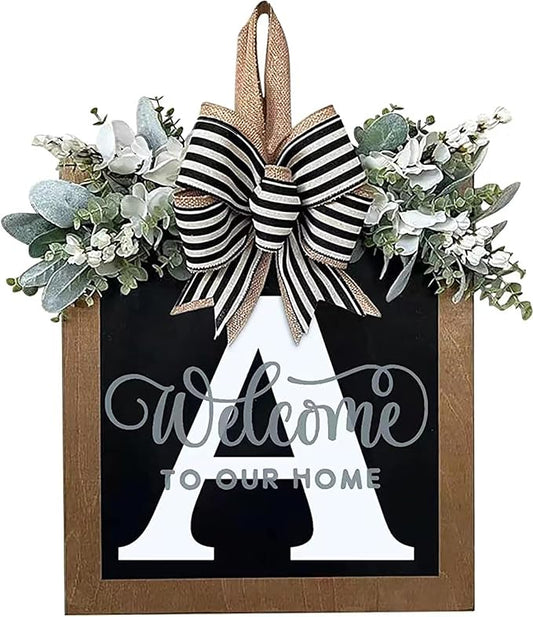 Last Name All Year Round Front Door Wreath with 26 Initial Letter Welcome Sign All Seasons Eucalyptus Garland and Bow ，Farmhouse, Porch, for Spring Summer Fall All Seasons Holiday Halloween Christmas.（A）