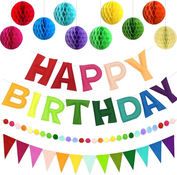 Pre-Strung Happy Birthday Decoration, Fabric Felt Birthday Banners Poms Pom Party Garland Felt Pennant Flag With 10PCS Honeycomb Balls, Reusable Party Celebrations