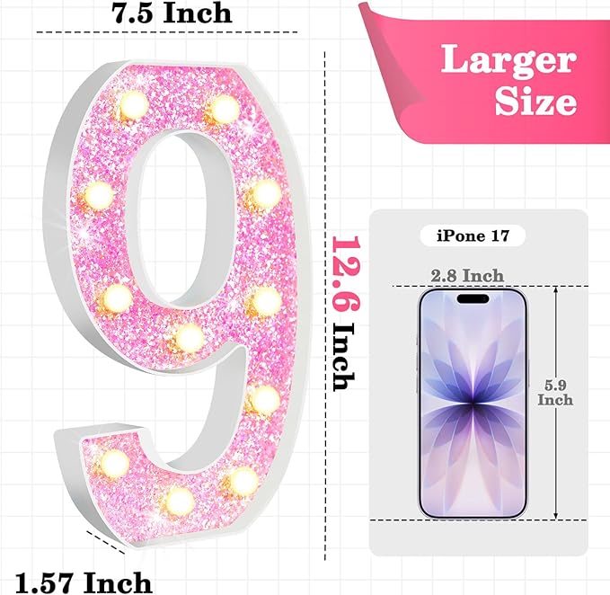 12.6 Inch LED Pink Marquee Light Up Numbers, Sweet 9th Birthday Decorations Number Lights as Gifts for Girls Women, Glitter Lighted Marquee Numbers for Pink Anniversary Party Table Decor, 9