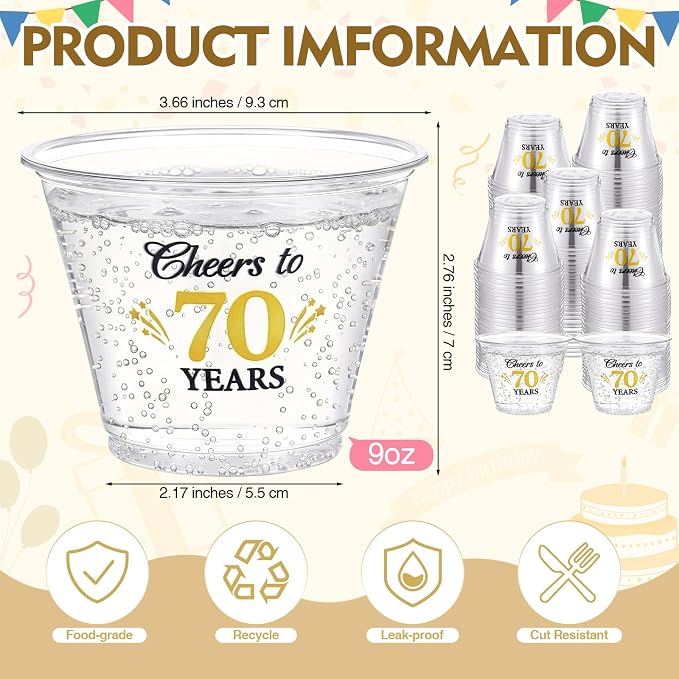 LemonRoad 100 Pack 70th Birthday Cup 9 oz Cheers to 70 Years Birthday Disposable Clear Plastic Cocktail Cups Hot Cold Beverage Drinks for Men Women Wedding Anniversary Decorations Party Favors