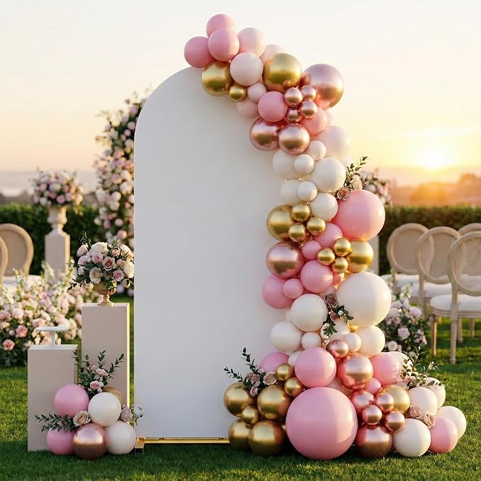 Arch Backdrop Stand and Cover Set, 6 x 2.6FT Gold Metal Wedding Arch for Ceremony, Heavy Duty Balloon Arch Stand with White Spandex Cover for Birthday Party, Baby Shower, Graduation, Event Decor