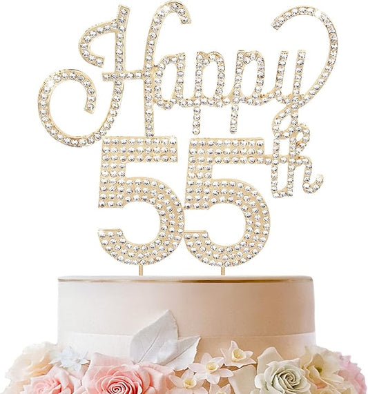 LINGTEER Happy 55th Birthday Gold Rhinestone Cake Topper - Cheers to 55th Birthday 55 Years Old Anniversary Party Cake Centerpieces Topper Decorations Gift Sign.