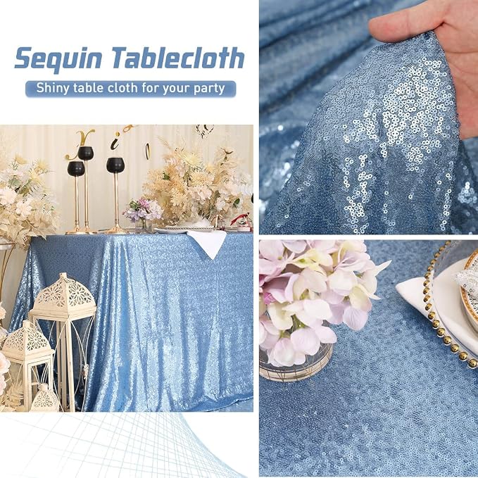 Eternal Beauty Baby Blue Tablecloth, 90x156 Inch Sequin Rectangle Table Cover for Cake Dessert Exhibition Party Birthday Events