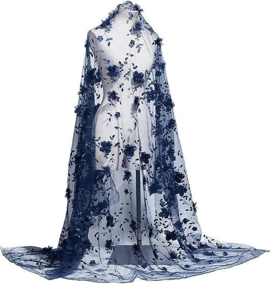 NBEADS 1.7-2yards Embroidered Flower Fabric, 51-55inch Wide 3D Flower Organza Lace Fabric Floral Mesh Embroidery for Sewing DIY Custom Clothes Party Dress Home Decoration, Prussian Blue