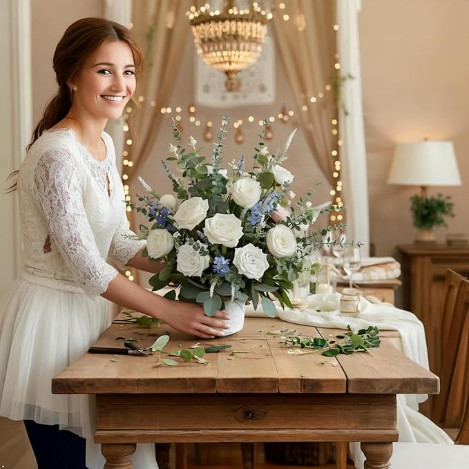 Longer Size 60pcs Mixed Artificial Green Plants with Faux Eucalyptus Stems,Greenery Stems,White Roses Wedding Florals Artificial Flowers,Eucalyptus Garland for Decor