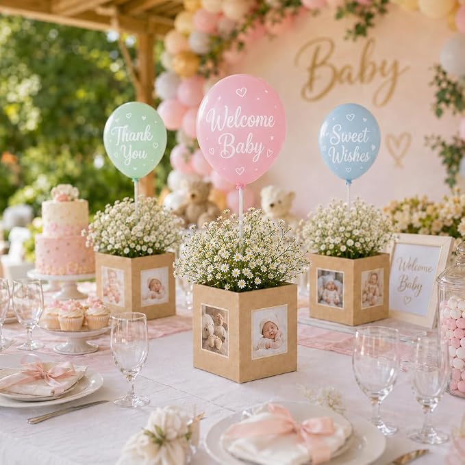 Cinrobiye 12 Pcs Wedding Table Centerpiece Boxes with Artificial Baby's Breath Flowers,Balloons,and Ribbon,DIY Photo Display Floral Table Decorations for Wedding Reception Engagement Bridal Shower
