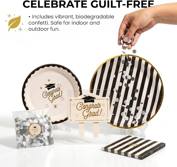 Graduation Celebration, Stylish Tableware Set for 8 Guests – Black/White