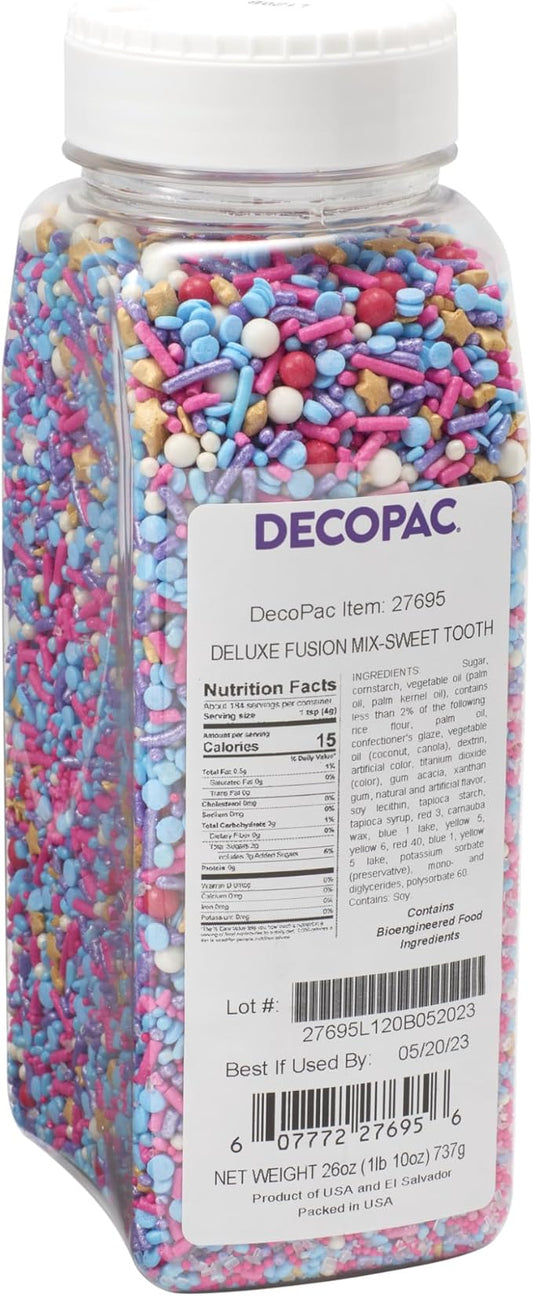 DECOPAC Sweet Tooth Deluxe Fusion Mix, 26oz, Fancy Candy Sprinkles in Handheld Container, Edible Sprinkles For Celebration Cakes, Cupcakes, Cookies and Donuts, Multicolored - Pink, Purple, Blue