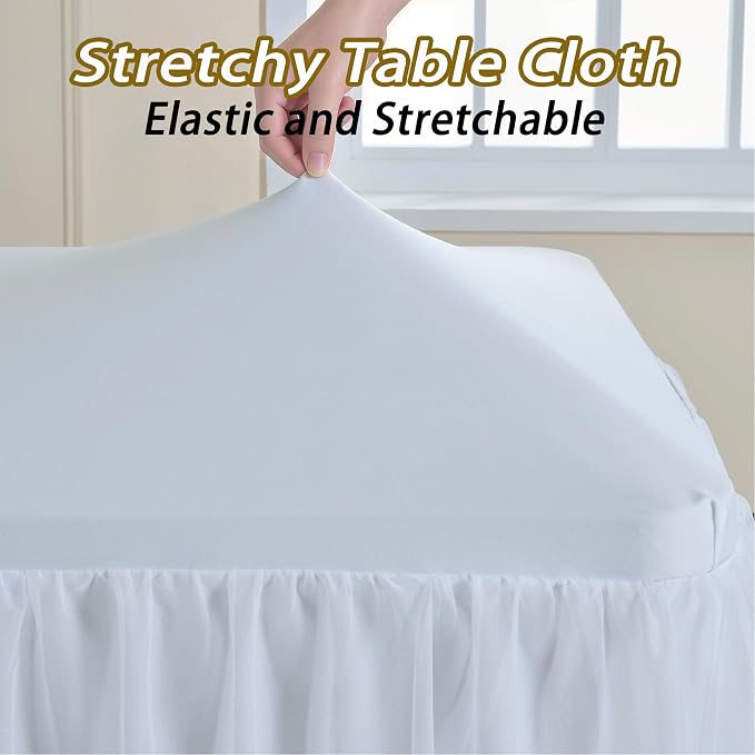 leegleri 6 pk 6ft White Tulle Tablecloth for Rectangle Tables, 2-in-1 Table Covers with Tulle Skirt,Wrinkle Free Stretchy Ruffle Tulle Table Cloths Fitted for Wedding Party Banquet Vendor