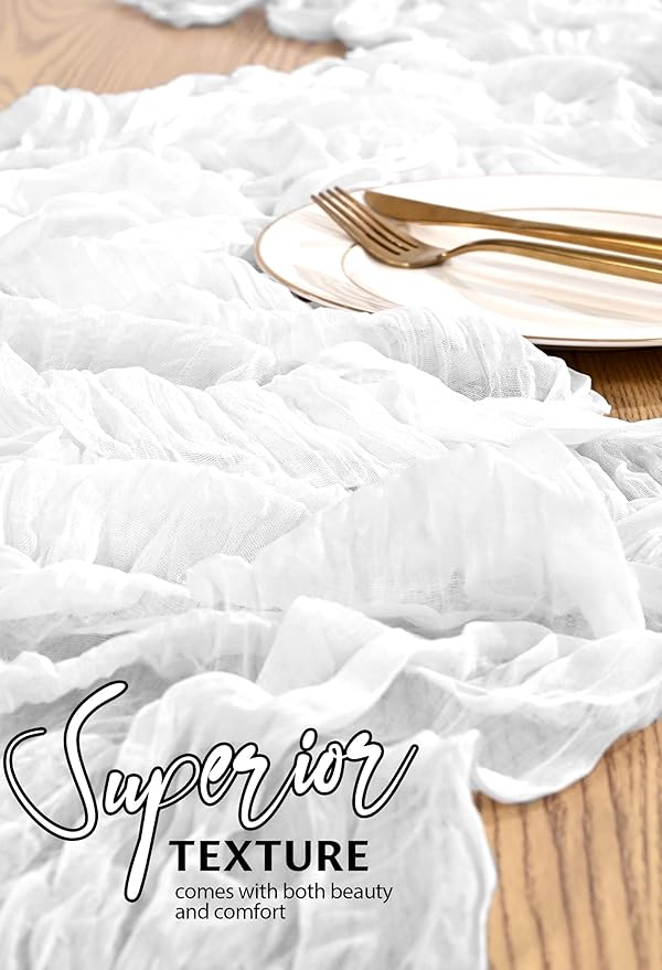 1 Pack Cheesecloth Table Runner 10FT White Table Runner Boho Gauze Cheese Cloth Table Runners Long Rustic Sheer Table Decorations for Wedding Party Baby Bridal Shower Birthday Holiday Home