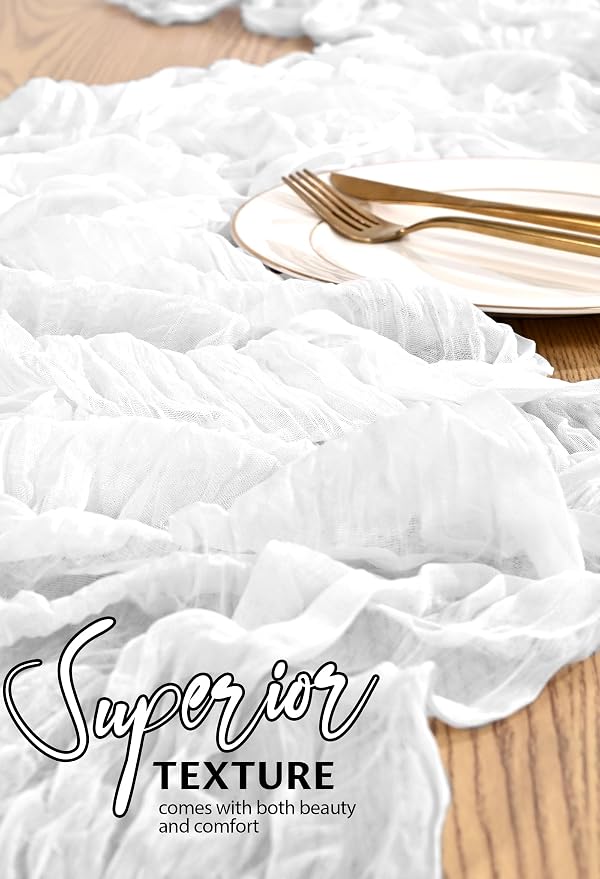 4 Pack Cheesecloth Table Runner 10FT White Table Runner Boho Gauze Cheese Cloth Table Runners Long Rustic Sheer Table Decorations for Wedding Party Baby Bridal Shower Birthday Holiday Home