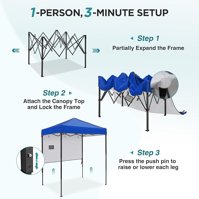 EAGLE PEAK 6x4 Instant Pop Up Canopy Tent with 1 Half Wall Panel, Straight Leg Sun Shelter, Portable Canopy with Carry Bag for Camping, Beach & Sports, Blue
